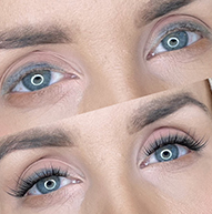 Two images showcasing a woman with long eyelashes, highlighting eyelash extensions and DIY lash techniques.