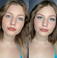 Two images of a woman with striking blue eyes, wearing a stylish blue top, showcasing her vibrant look.