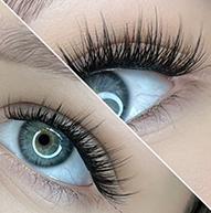 Close-up of a woman's eyes showcasing long, elegant eyelashes in two distinct images.