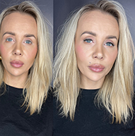 A woman with blonde hair and blue eyes showcases her transformation before and after applying makeup, featuring eyelash extensions.