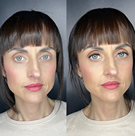 A woman with bangs, featuring her elegant lash extensions in a creative DIY beauty context.