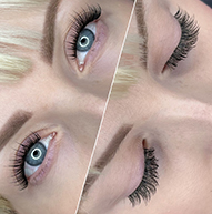 Close-up of a woman's eyes showcasing long, elegant eyelashes in two distinct images, highlighting their beauty and allure.