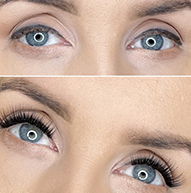 Before and after images of a woman showcasing a transformation in her eyelashes, highlighting the difference in length and volume.