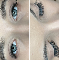 Close-up of eyes with long, curled eyelashes; left shows open eyes, right shows closed eyes.