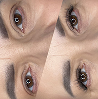 Close-up of a pair of brown eyes, shown in two sections, focusing on the fullness of the eyelashes.