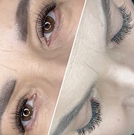 Split image showing close-up views of brown eyes, one side slightly more zoomed in, both focusing on the length and curl of the eyelashes.