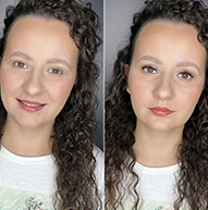 Two images of a woman with curly hair, showcasing different styles and expressions in each photograph.